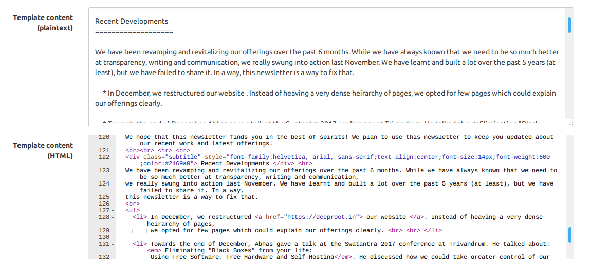 The HTML template (below) with the corresponding text format (above)